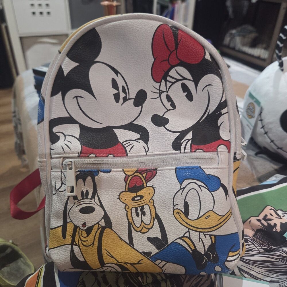 Disney Bioworld Mickey & Friends Mini Backpack White Faux Leather Red Straps